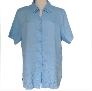 100% LINEN SHIRT Blue Eyelet Embroidered XXXL Plus Size